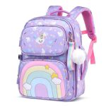 کیف دخترانه مدرسه طرح زنگین کمان صورتی و بنفش