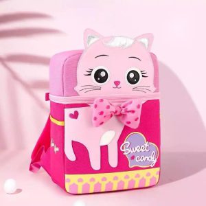 کوله پشتی بچگانه طرح گربه پاپیون دار صورتی کد2005