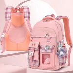 کیف مدرسه‌ای سبک مدل چهارخانه فانتزی صورتی