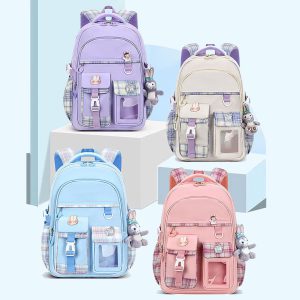 کوله پشتی دخترانه سبک مدل چهار خونه ای همراه با عروسک آویز 4189