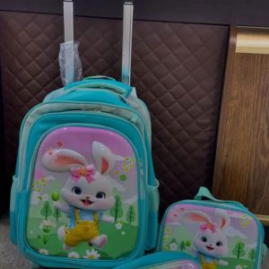 کوله پشتی مدرسه چرخدار دخترانه طرح خرگوش همراه با کیف غذا و جامدادی کد15