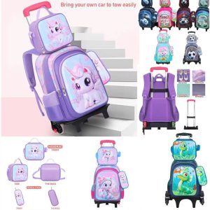 کوله پشتی مدرسه چرخدار دخترانه طرح یونیکورن هدفون دار + کیف غذا و جامدادی کد14