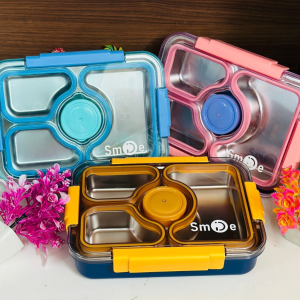 ظرف غذا استیل 4 قسمته واشر دار مدل Smile کد 7600 +قاشق و چاپستیک