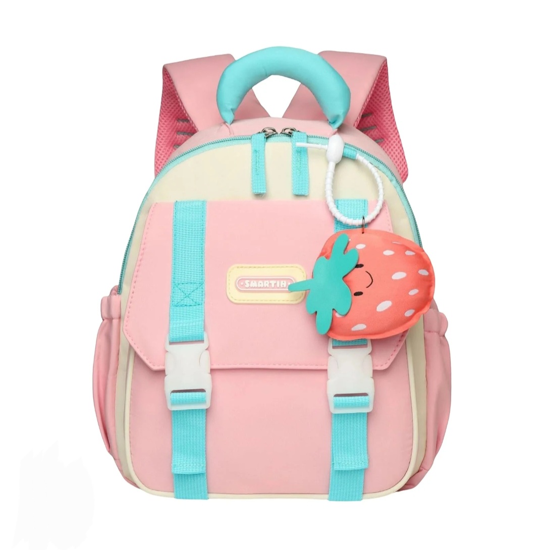 کوله‌پشتی بچگانه توت فرنگی صورتی با ظاهری شاد و کودک‌پسند