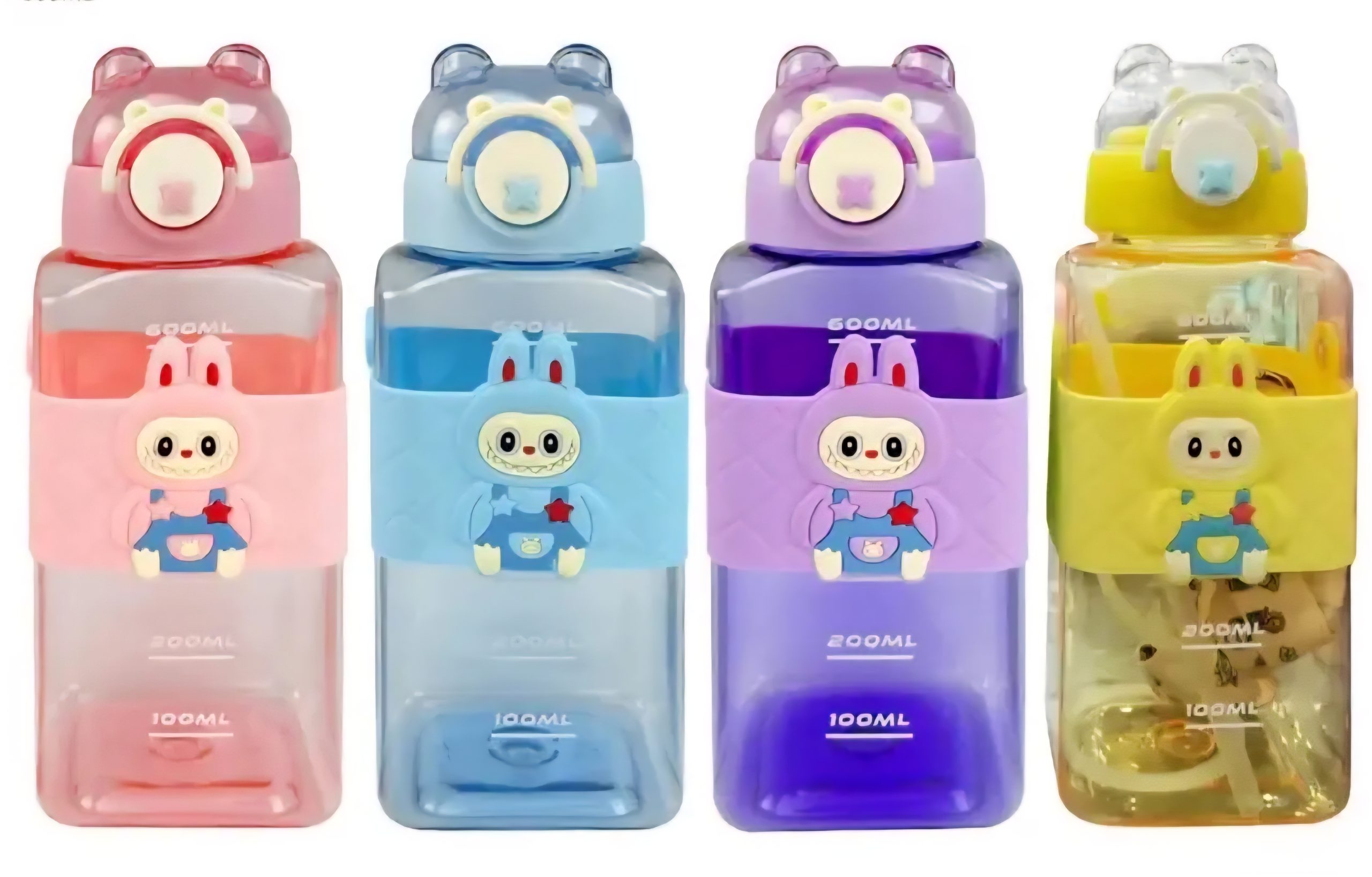 قمقمه لبوبو با بند قابل‌حمل در چهار رنگ آبی، زرد، صورتی و بنفش