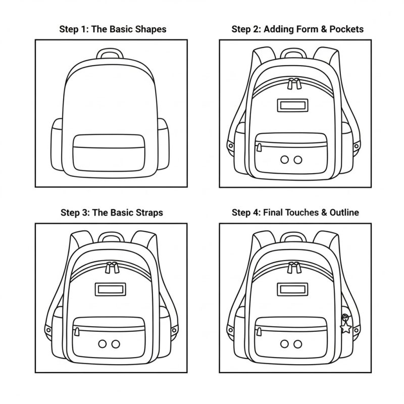 آموزش مرحله به مرحله نقاشی کوله پشتی با شکل‌های ساده