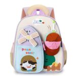 کوله مهدکودکی آویزدار کلاه طرح مزرعه رنگ کرم با طراحی گاو کارتونی